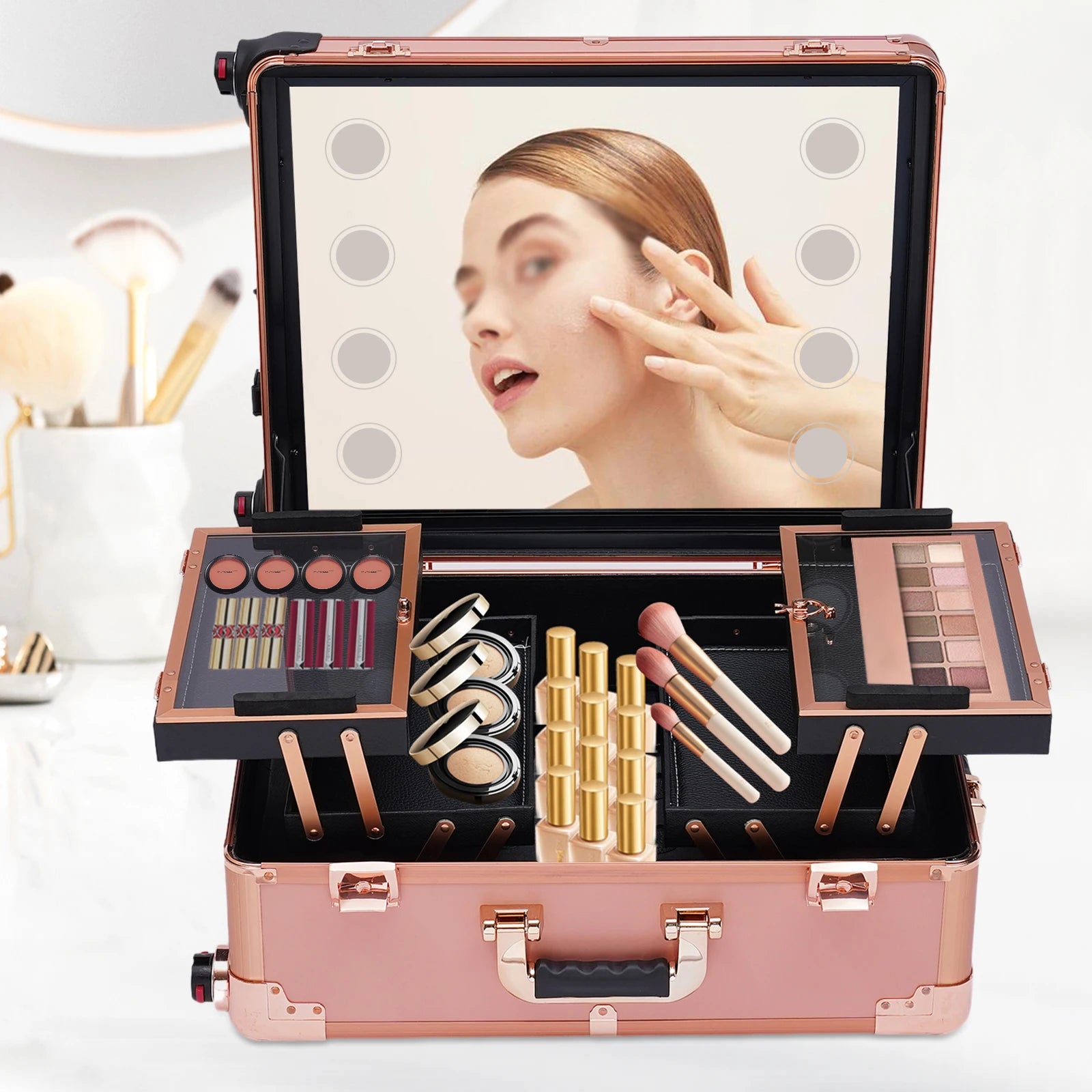 12V Make-up Table with 4 Castors & Lighting & Mirror & Lock, Professional Make-up Station, Adjustable Legs, Cosmetic Organizer B