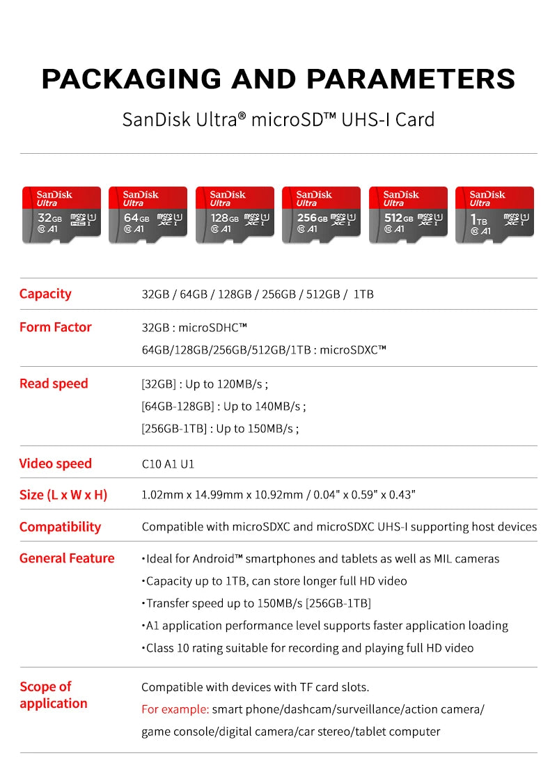100% Original SanDisk Micro SD Card A1 A2 Memory Card 32GB 64GB 128GB 256GB 512GB 1TB microSD TF Card Storage UHS-I Cards U1 U3