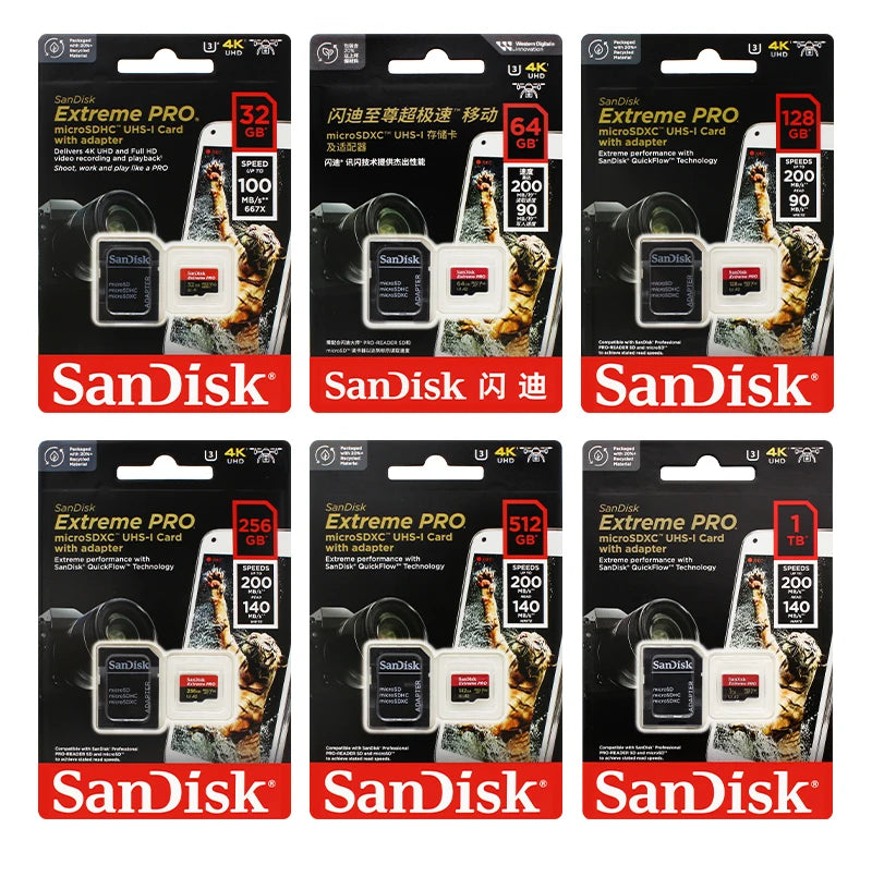 100% Original SanDisk Micro SD Card A1 A2 Memory Card 32GB 64GB 128GB 256GB 512GB 1TB microSD TF Card Storage UHS-I Cards U1 U3