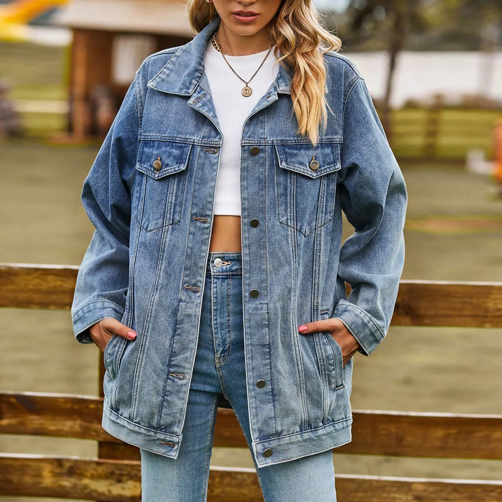 Women Oversized Denim Jackets Vintage Distressed Button Down Lapel Jean Coats With Pockets Autumn Women Shacket Fashion Outwear