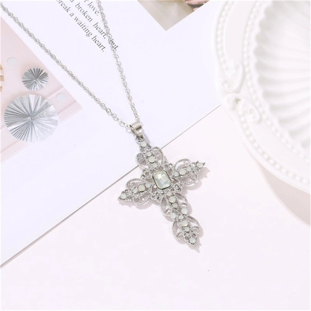Gothic Big Zircon Cross Necklace Unisex Y2K Irregular Goth Large Cross Pendant Necklaces  for Men Women Couple Necklace Jewelry