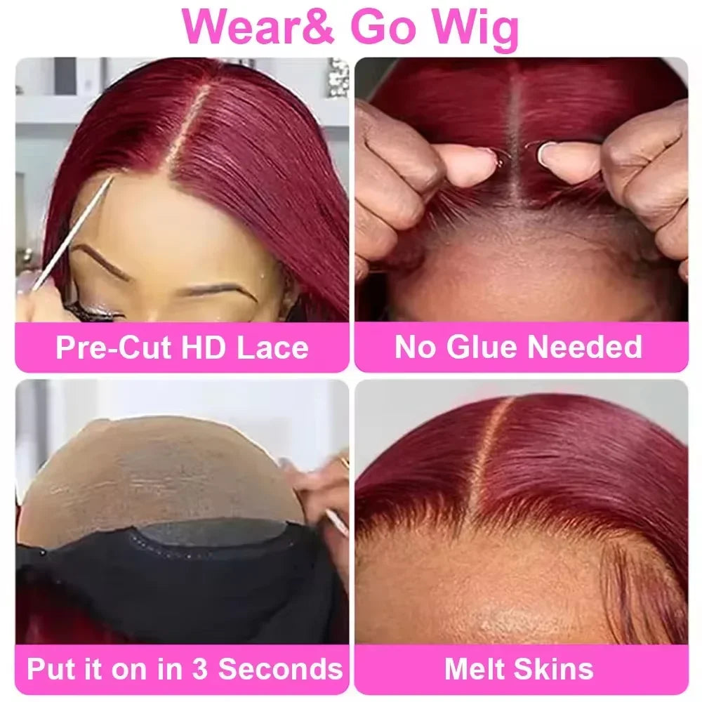 7x5 Glueless Wig Human Hair 99J Burgundy 13x4 Bob Straight Pre Plucked Human Hair Wigs Transparent Pre Cut Bob Wig Human Hair