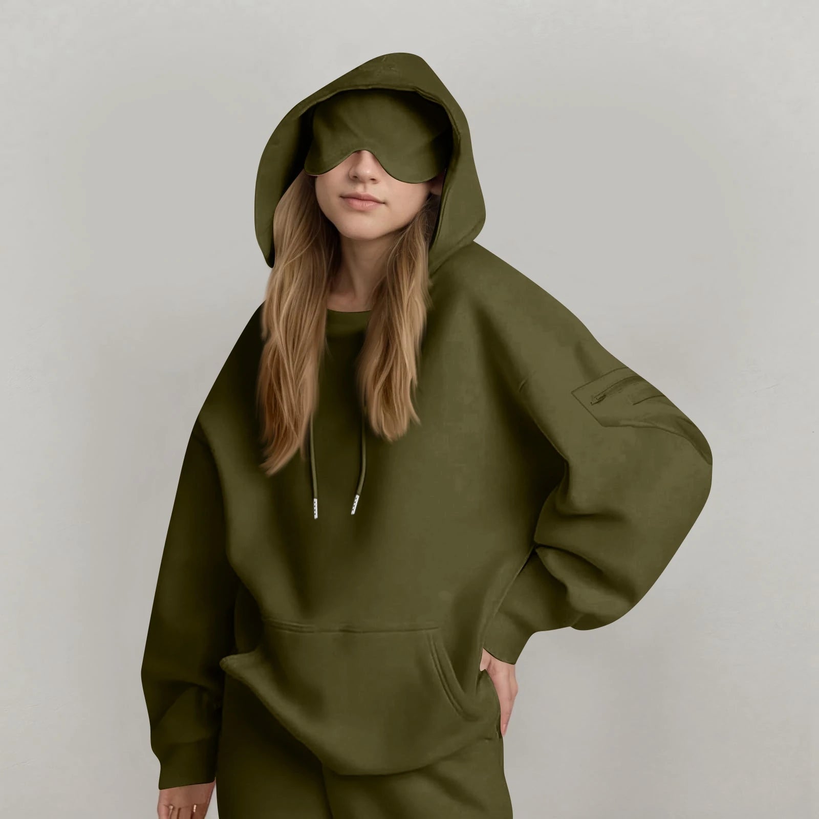 Unisex Hooded Sweatshirt With Built-In Eye Mask Casual Long Sleeved Solid Color Sports Pullover Loose Fit Sweatshirt 2025