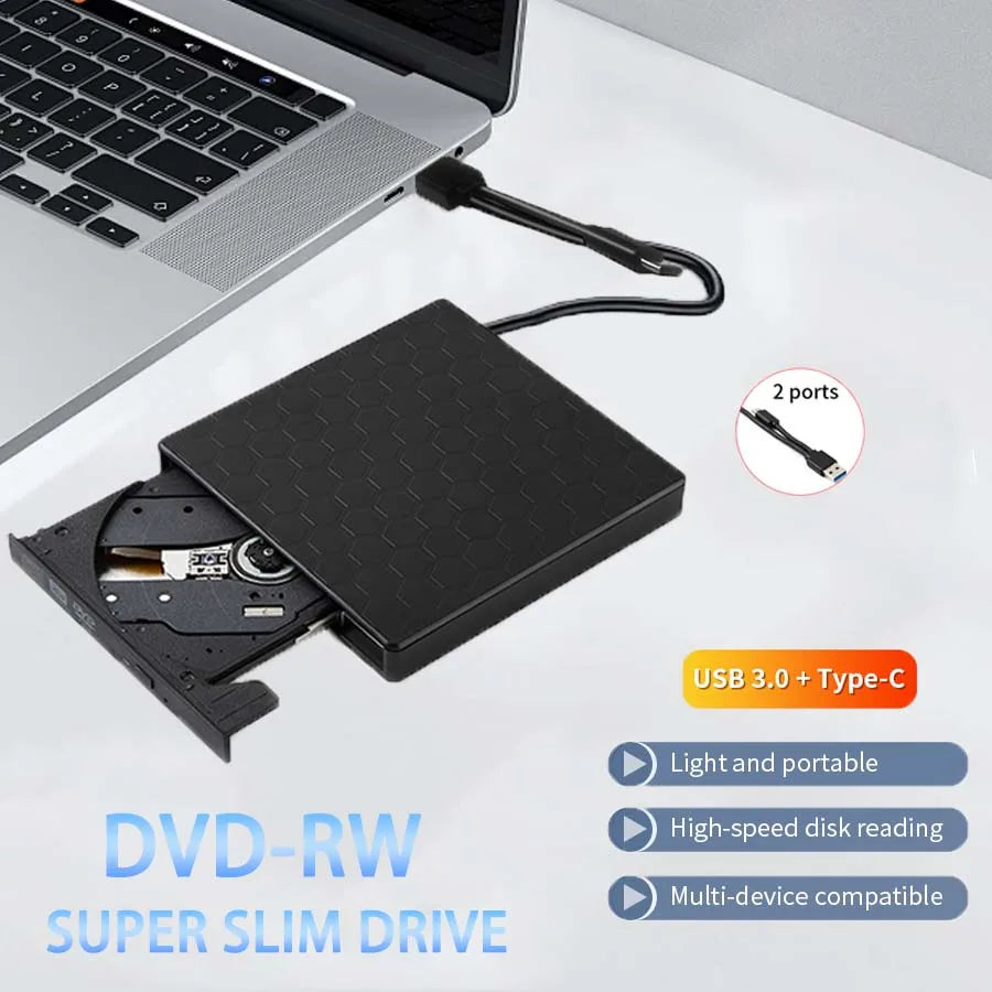 External DVD Drive 2 in 1 USB 3.0 Type-C Portable DVD RW CD Writer Drive Reader Player Optical Drives for Laptop PC DVD Burner