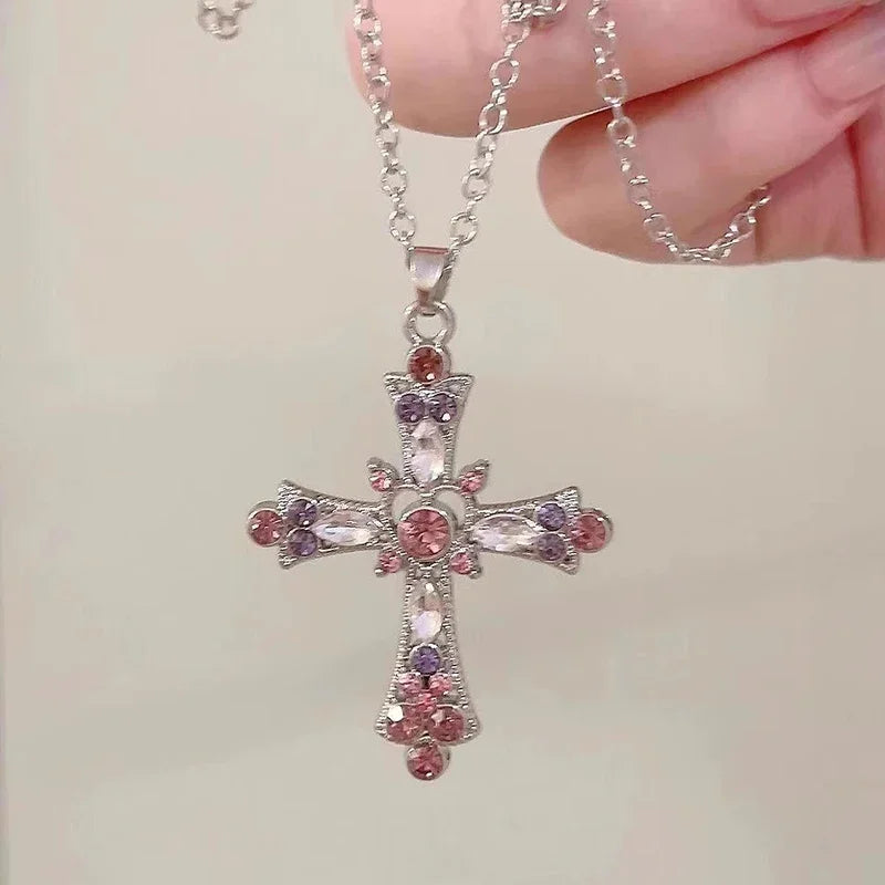 Gothic Big Zircon Cross Necklace Unisex Y2K Irregular Goth Large Cross Pendant Necklaces  for Men Women Couple Necklace Jewelry