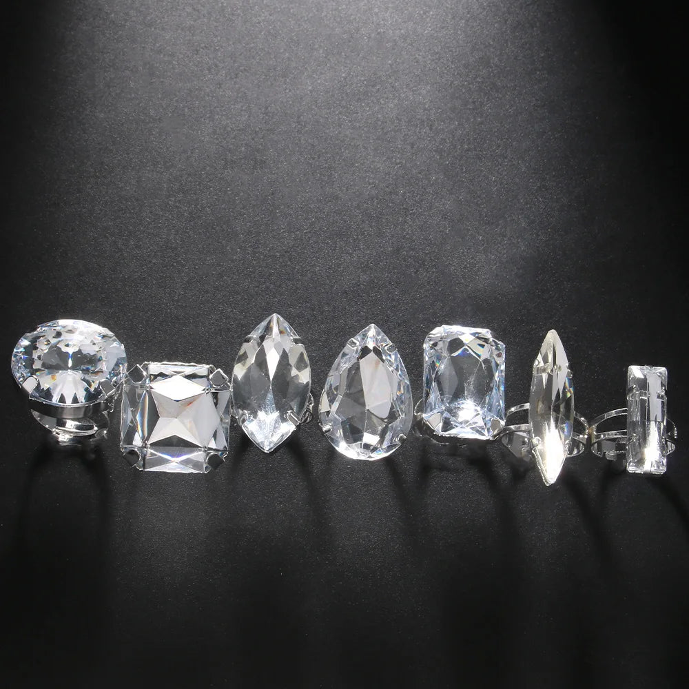 Stonefans 7Pcs Geometeric Open Rings Set Women Finger Accessories Fashion Design Handmade Crystal Rings Jewelry Cocktail Party