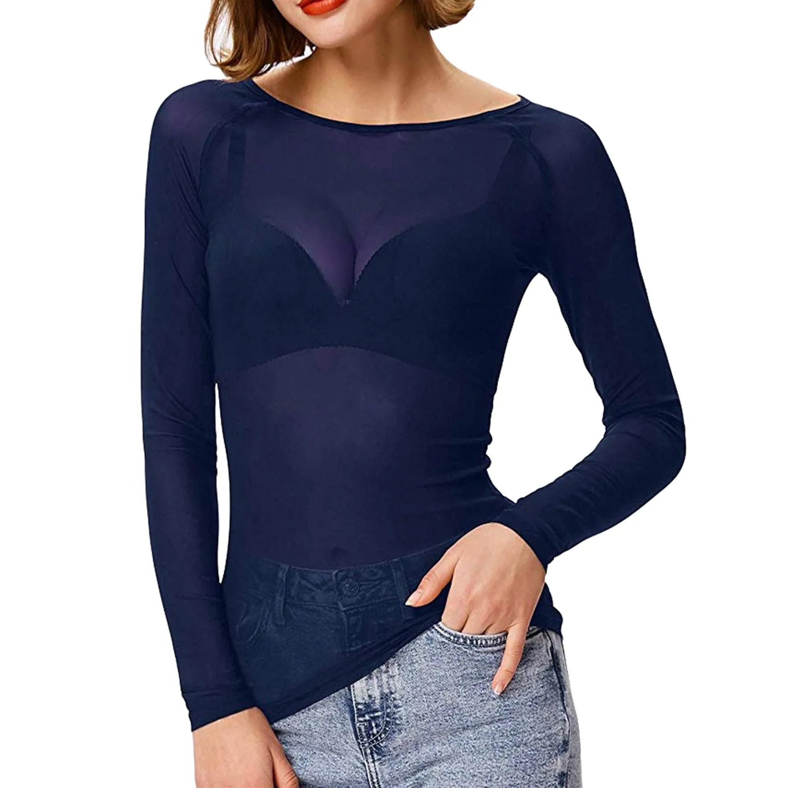 Womens Long Sleeve Sexy Mesh Top Blouses Transparent Punk Club Shirt Tees Round Neck Slim Fit Sheer Mesh T Shirts Y2k Streetwear