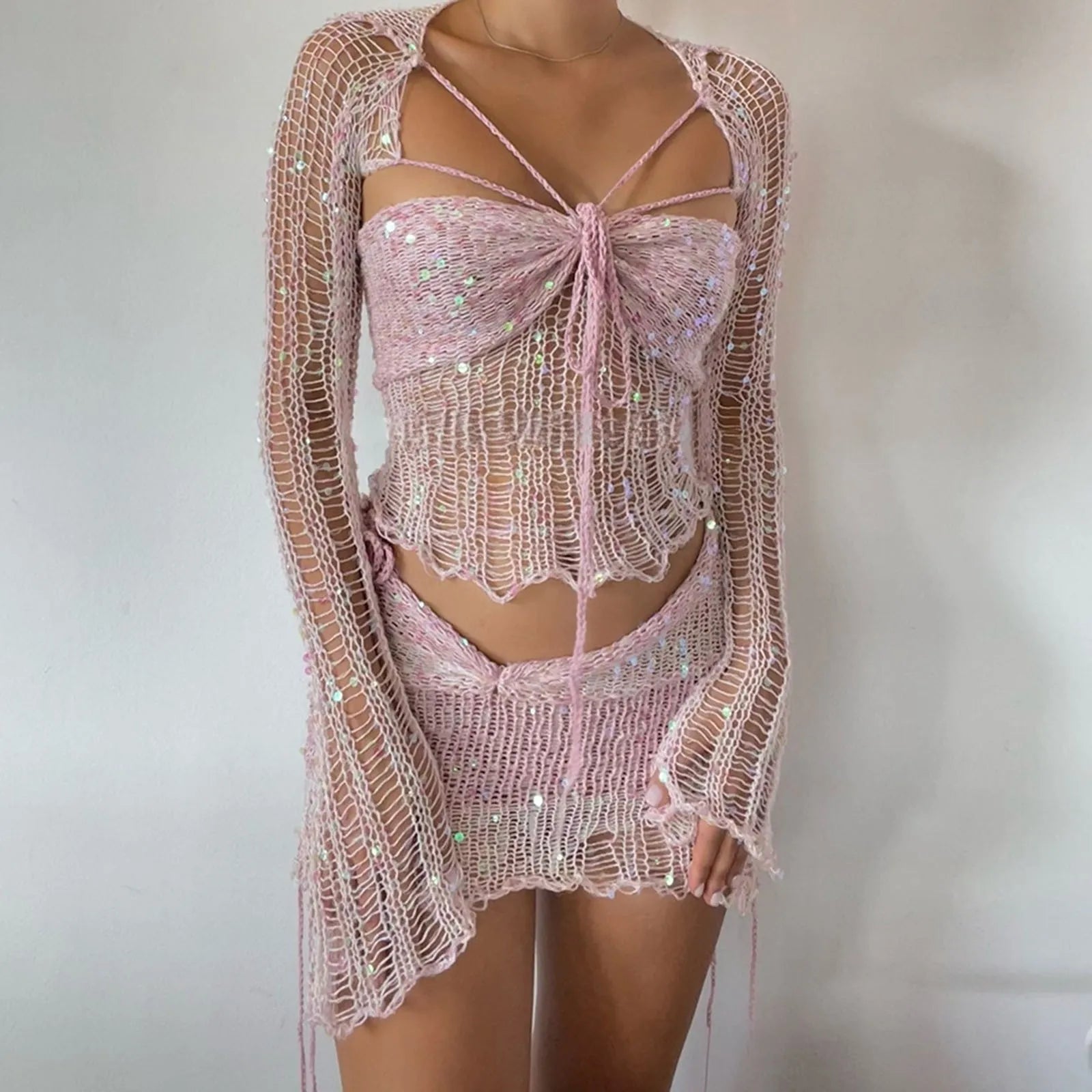 Glitter Sequins Knitted Skirt Sets Women Fashion Hollow Sequins Bandage Tube Top Mini Skirts 3 Piece Outfit Vacation Clothing