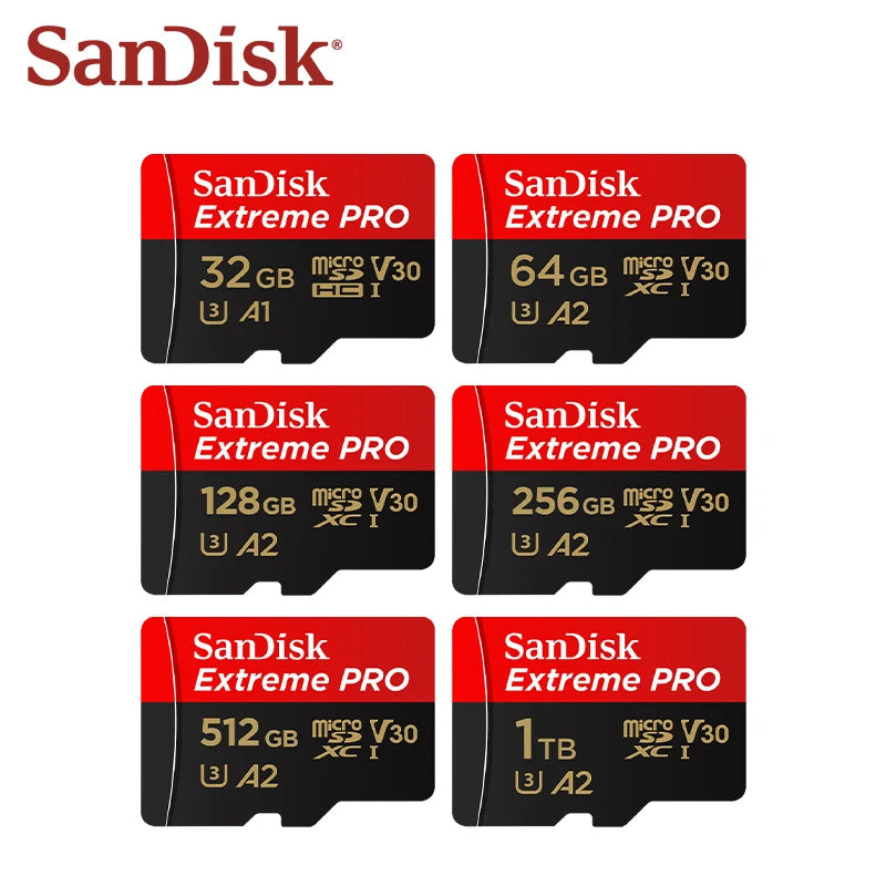 Original Sandisk Extreme PRO Card 32GB 64GB 128GB 256GB High Speed 512GB 1TB V30 Micro SD Card Class 10 UHS-I U3 Memory Card
