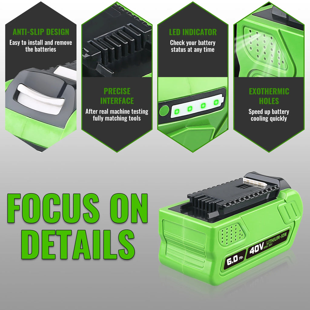 29462 6.0Ah Lithium Battery Replacement Greenworks 40V Battery 29252 20202 25312 25322 20642 22272 27062 21242 Compatible with Replacement Greenworks 40V Power Tool Battery Shipped by Local Warehouse