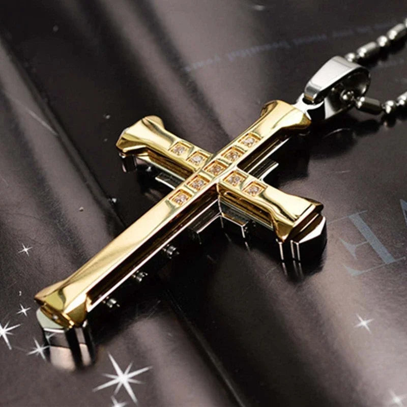 2024 New Male Crystal Cross Jesus Pendant Gold/Black/Blue Color Zirconia Cross Pendant Necklace Stainless Steel Jewelry