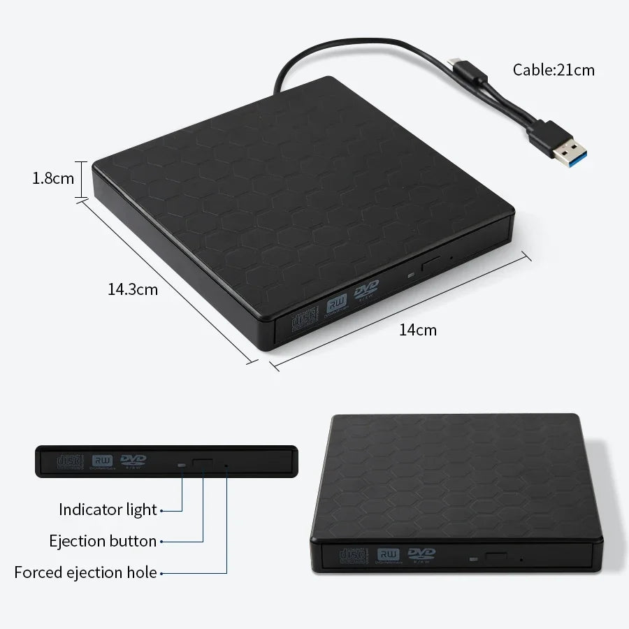 External DVD Drive 2 in 1 USB 3.0 Type-C Portable DVD RW CD Writer Drive Reader Player Optical Drives for Laptop PC DVD Burner