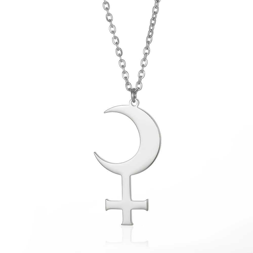 Gold Color Moon Cross Lilith Symbol Pendants Necklace For Women Stainless Steel Charms Astrological Symbol Sign Amulet Jewelry