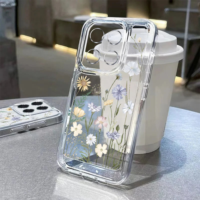 For Xiaomi Redmi Note 14 Pro 5G Case Lovely Cartoon Line Flower Print Clear Soft Cover For Funda Redmi Note 14 13 12 Pro 5G 11