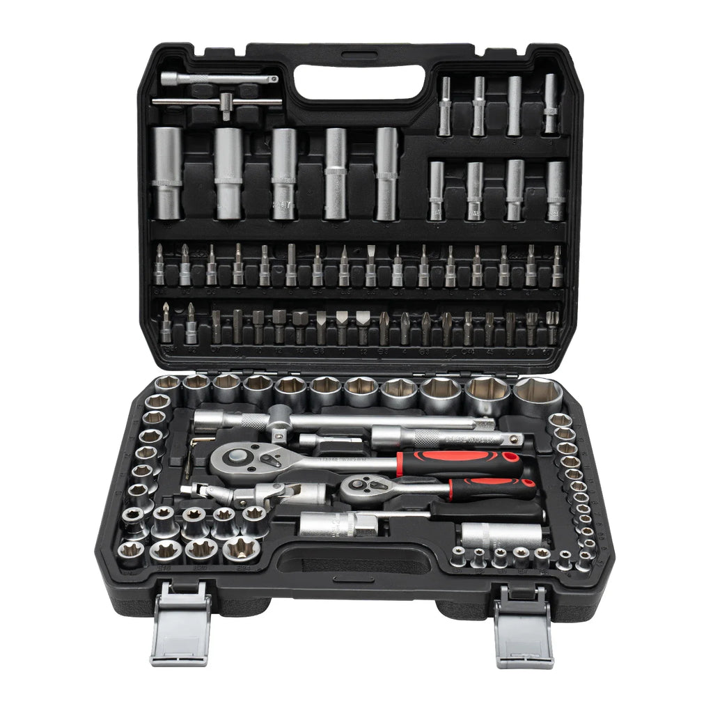 108 Piece Ratchet Wrench Mechanics Tools Set Metric 1/4 And 1/2 Drive Socket Carbon And #45 Steel, PP Kit