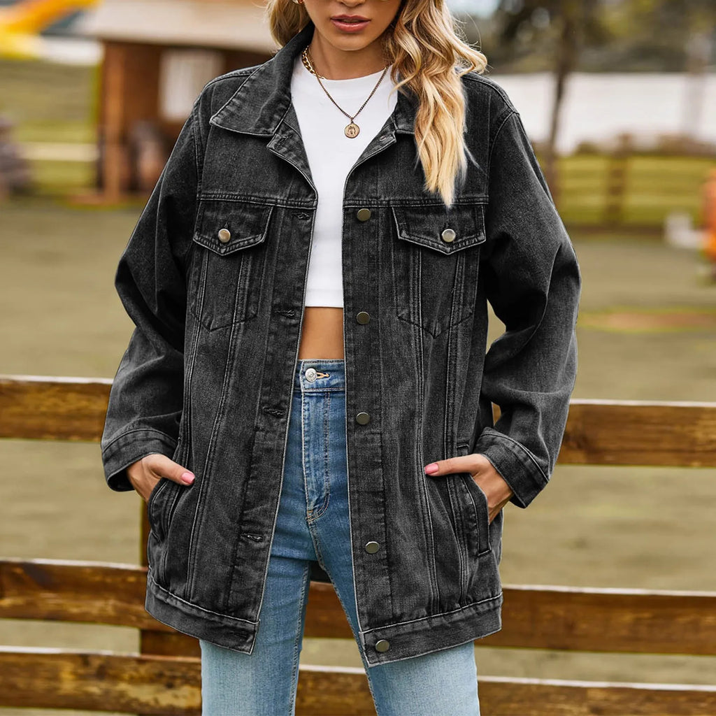 Women Oversized Denim Jackets Vintage Distressed Button Down Lapel Jean Coats With Pockets Autumn Women Shacket Fashion Outwear