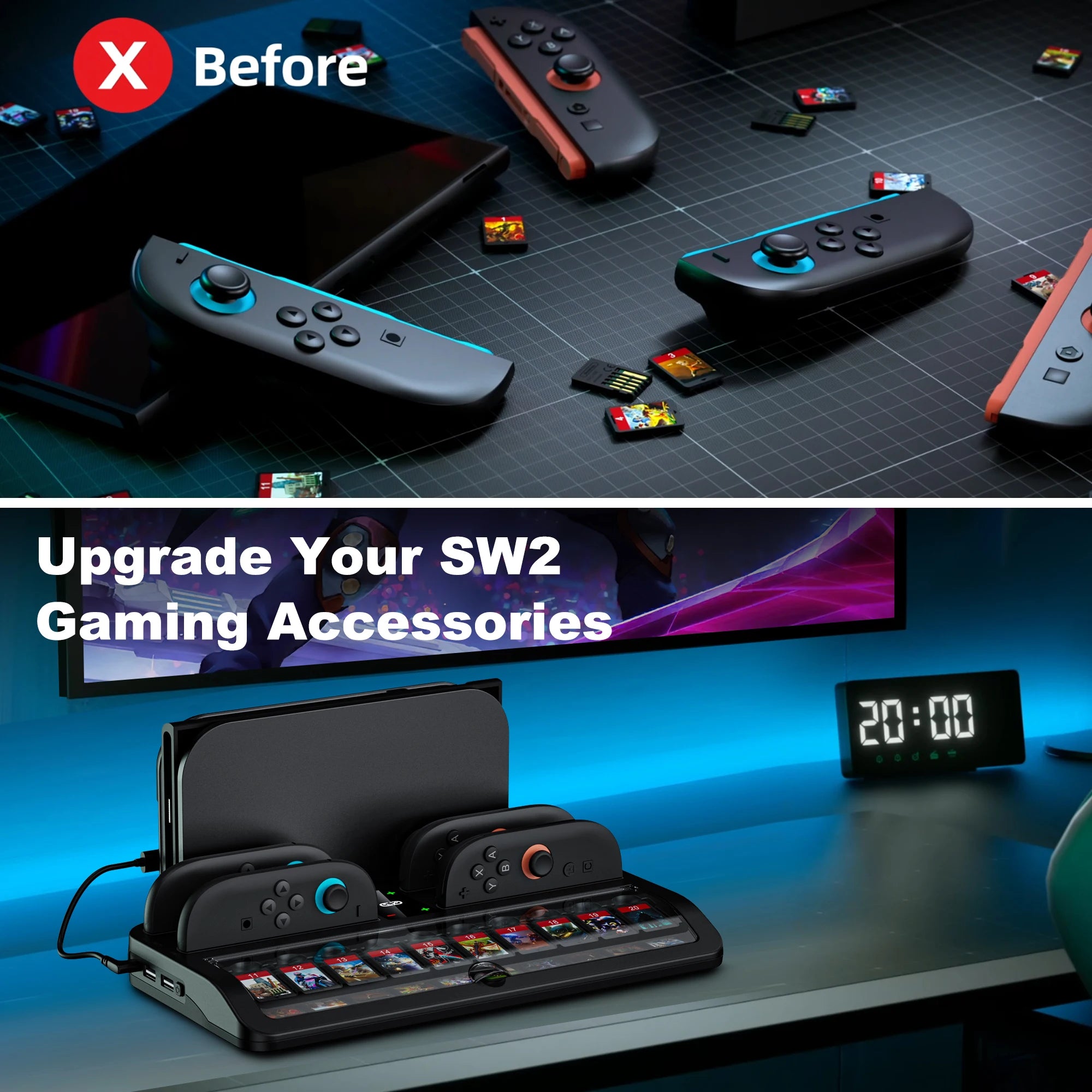 DinoFire SC200 4 controller charge dock for Switch2 and storage host Two layer storage game card slot with dust cover accessory