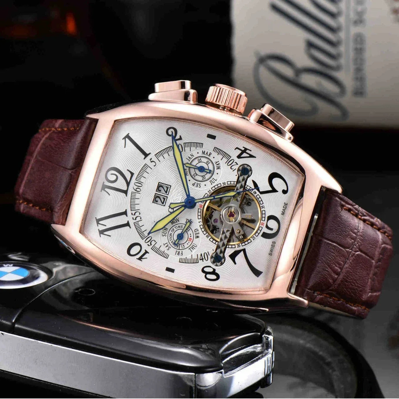 New Vintage Large Dial Mechanical Watch Men's Barrel Shaped Digital Hollow Out Flying Tourbillon Popular Style From Mainland Chi