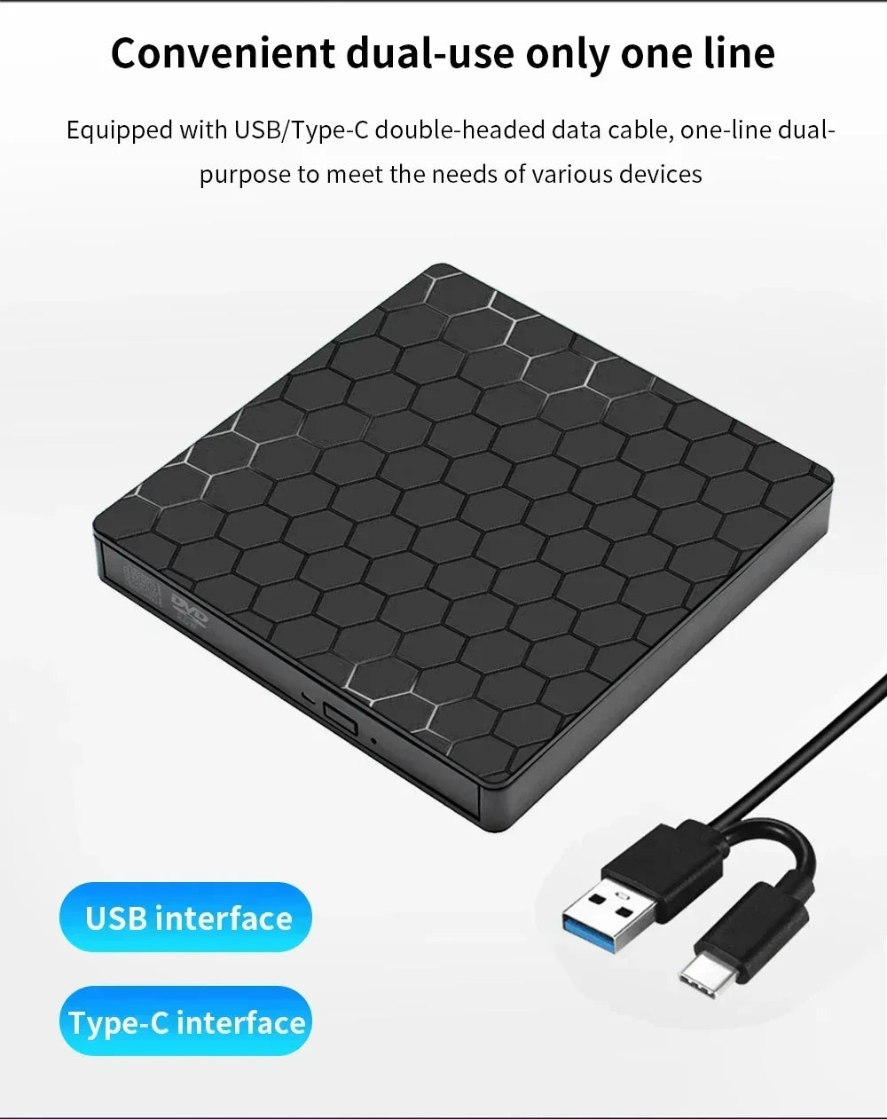 External DVD Drive 2 in 1 USB 3.0 Type-C Portable DVD RW CD Writer Drive Reader Player Optical Drives for Laptop PC DVD Burner