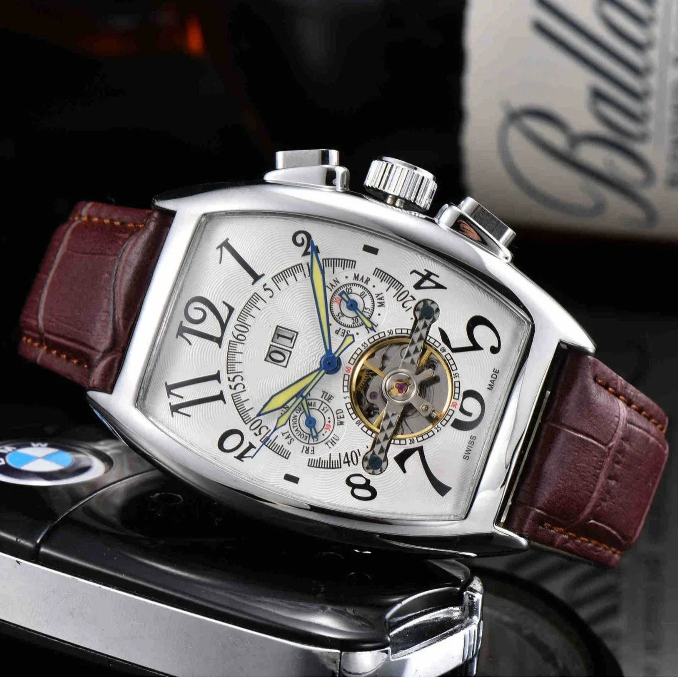 New Vintage Large Dial Mechanical Watch Men's Barrel Shaped Digital Hollow Out Flying Tourbillon Popular Style From Mainland Chi