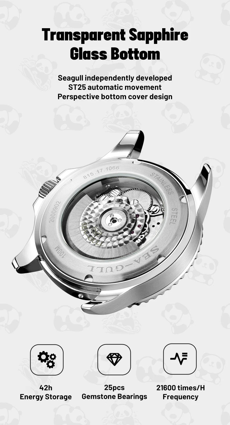 2025 Seagull Men's Watch Rolling Panda Design 100M Diving Watches Automatic Mechanical Wristwatch Sapphire Crystal Luminous Ocea
