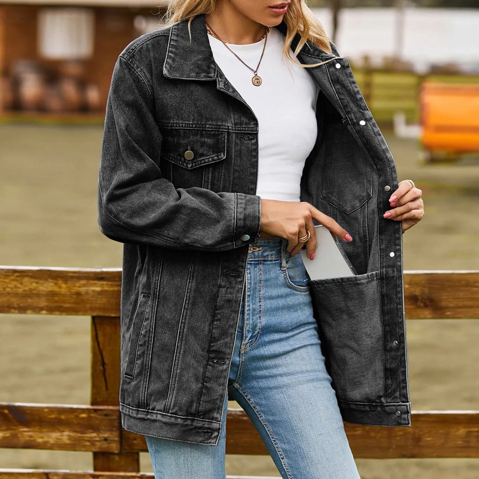 Women Oversized Denim Jackets Vintage Distressed Button Down Lapel Jean Coats With Pockets Autumn Women Shacket Fashion Outwear