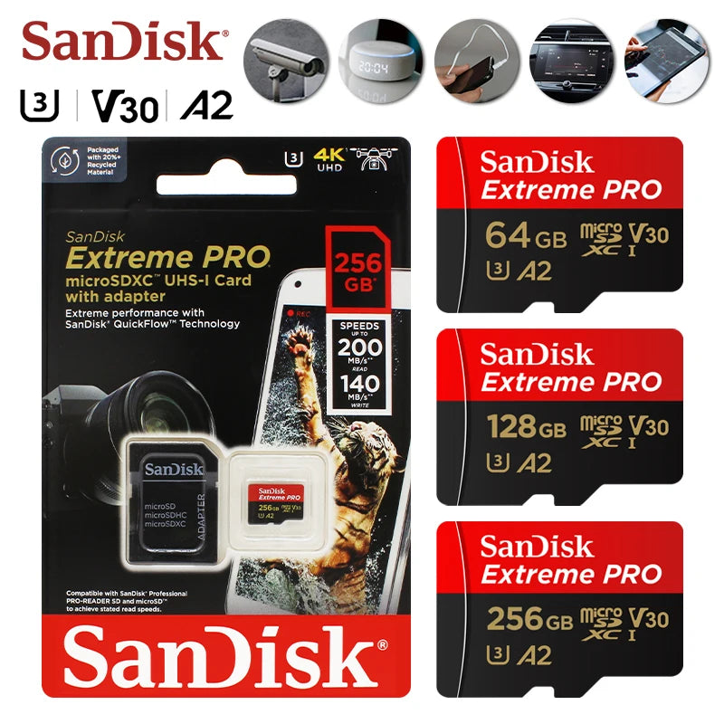 100% Original SanDisk Micro SD Card A1 A2 Memory Card 32GB 64GB 128GB 256GB 512GB 1TB microSD TF Card Storage UHS-I Cards U1 U3