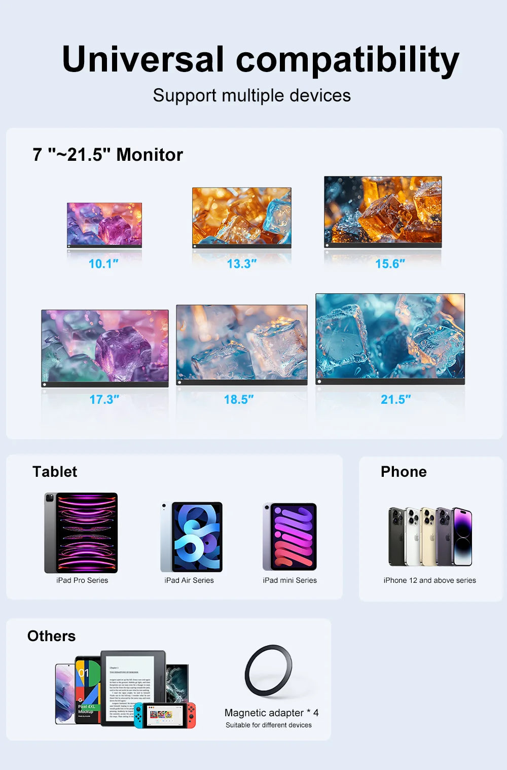 Magnetic Metal Stand 360° Rotating Bracket Universal Holder for 7-21.5 inch Portable Monitors iPads iPhone