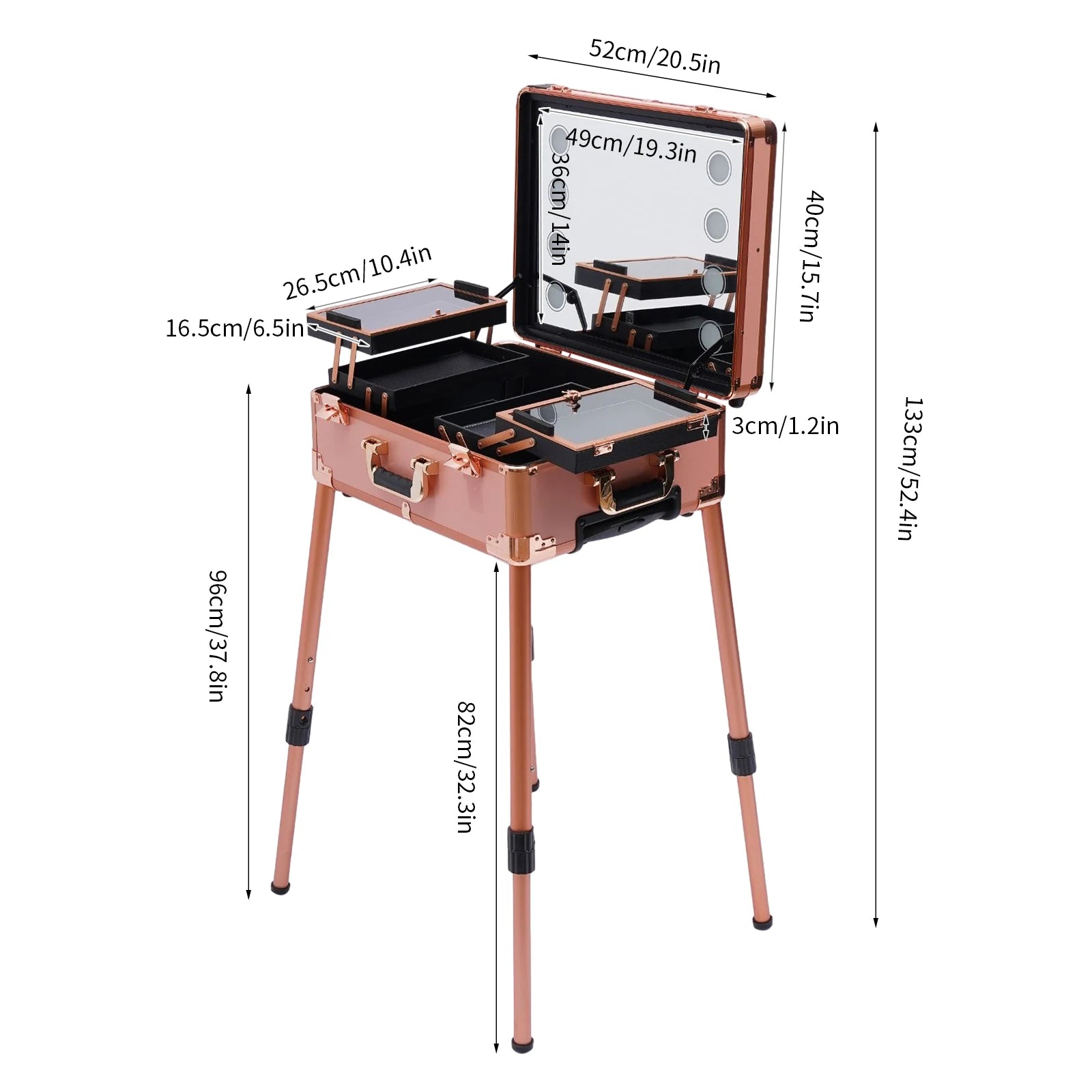 12V Make-up Table with 4 Castors & Lighting & Mirror & Lock, Professional Make-up Station, Adjustable Legs, Cosmetic Organizer B