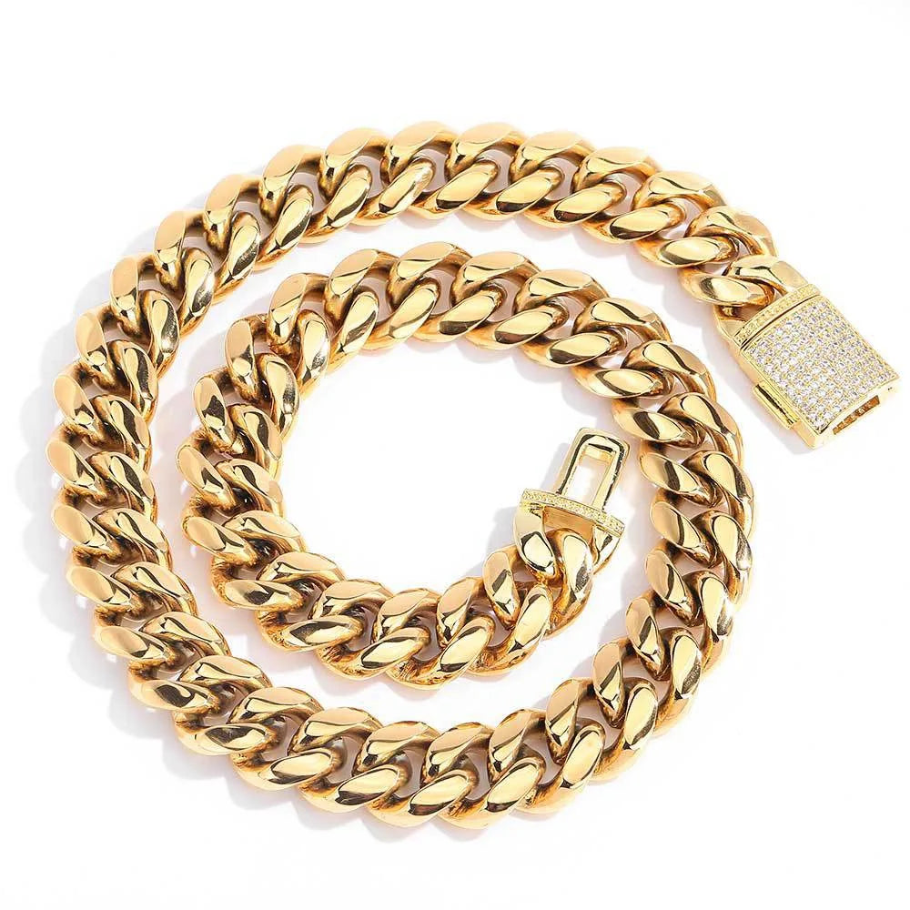8-22mm Hip Hop Bling Iced Out 18k Gold-plated Stainless Steel Dense Cuban Miami Link Chain Necklaces for Unisex  Rapper Jewelry