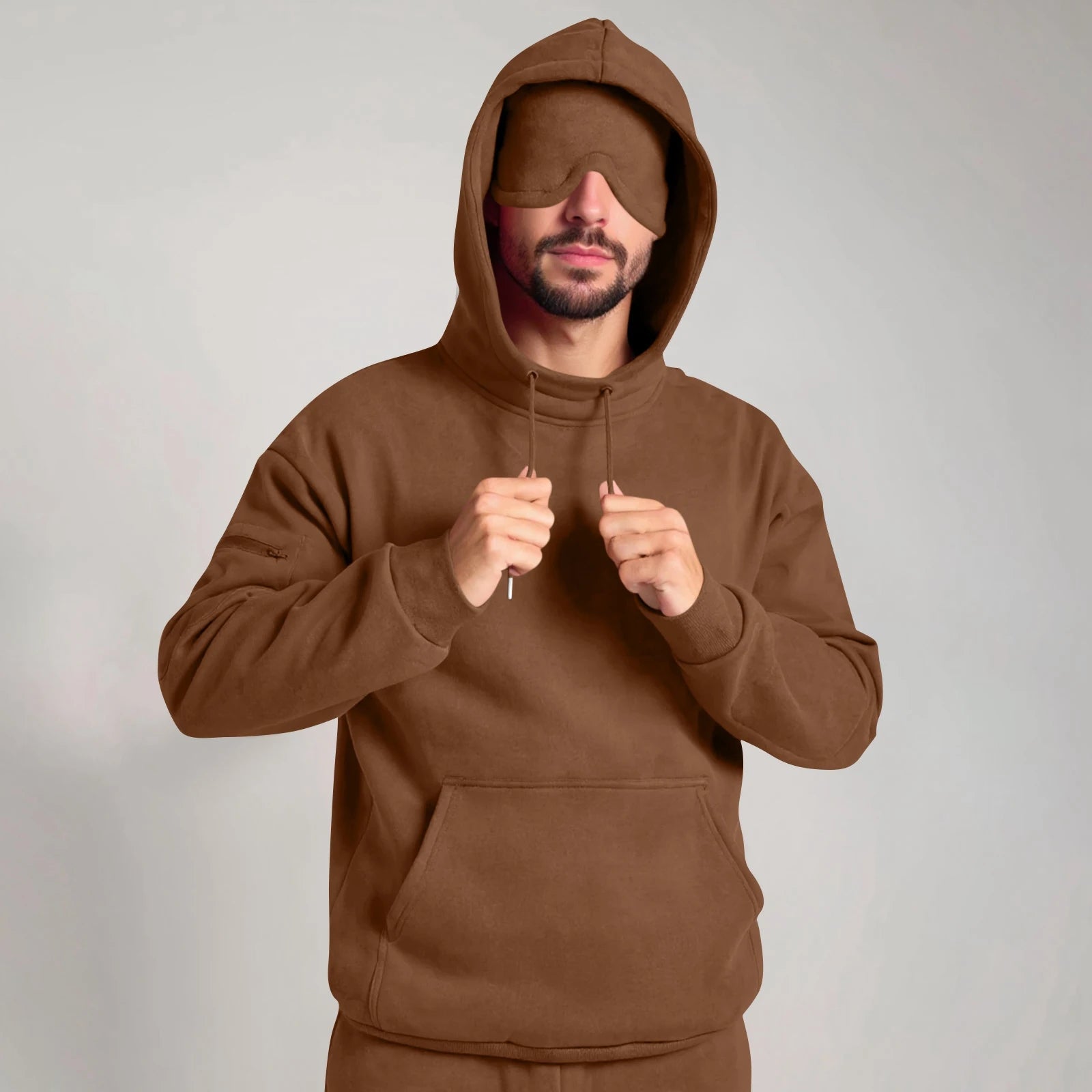 Unisex Hooded Sweatshirt With Built-In Eye Mask Casual Long Sleeved Solid Color Sports Pullover Loose Fit Sweatshirt 2025