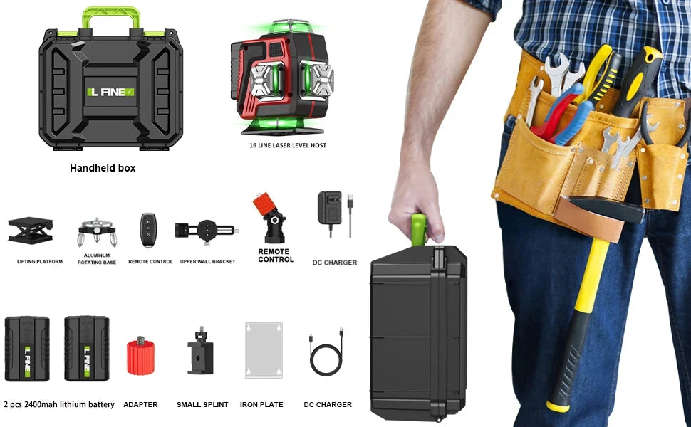 LFINE 16 Lines Professional Laser Level with Suitcase Automatic 360°Self-leveling Laser Horizontal Vertical Green Lines Tools