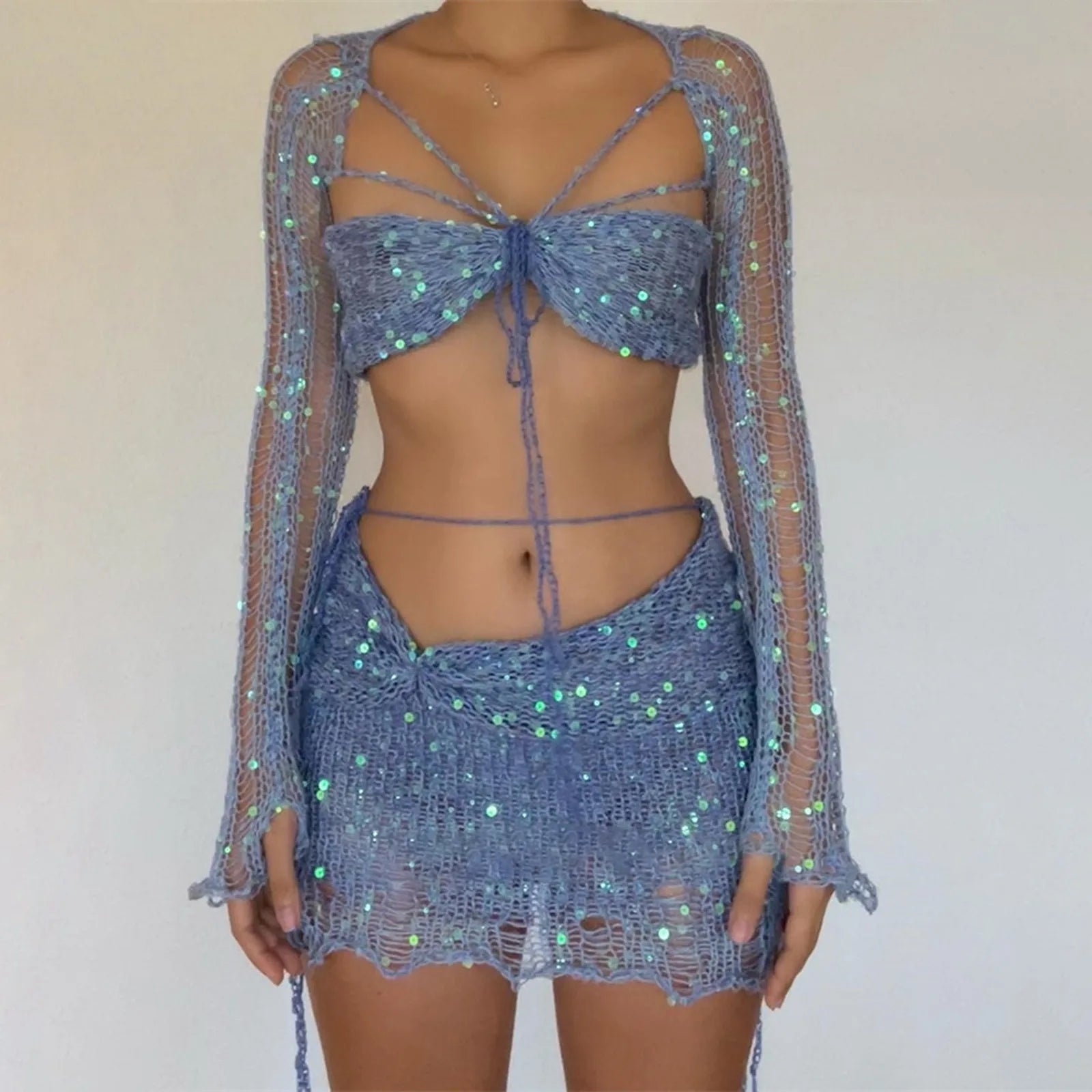 Glitter Sequins Knitted Skirt Sets Women Fashion Hollow Sequins Bandage Tube Top Mini Skirts 3 Piece Outfit Vacation Clothing