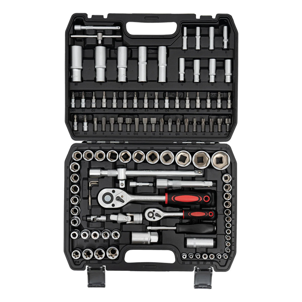 108 Piece Ratchet Wrench Mechanics Tools Set Metric 1/4 And 1/2 Drive Socket Carbon And #45 Steel, PP Kit