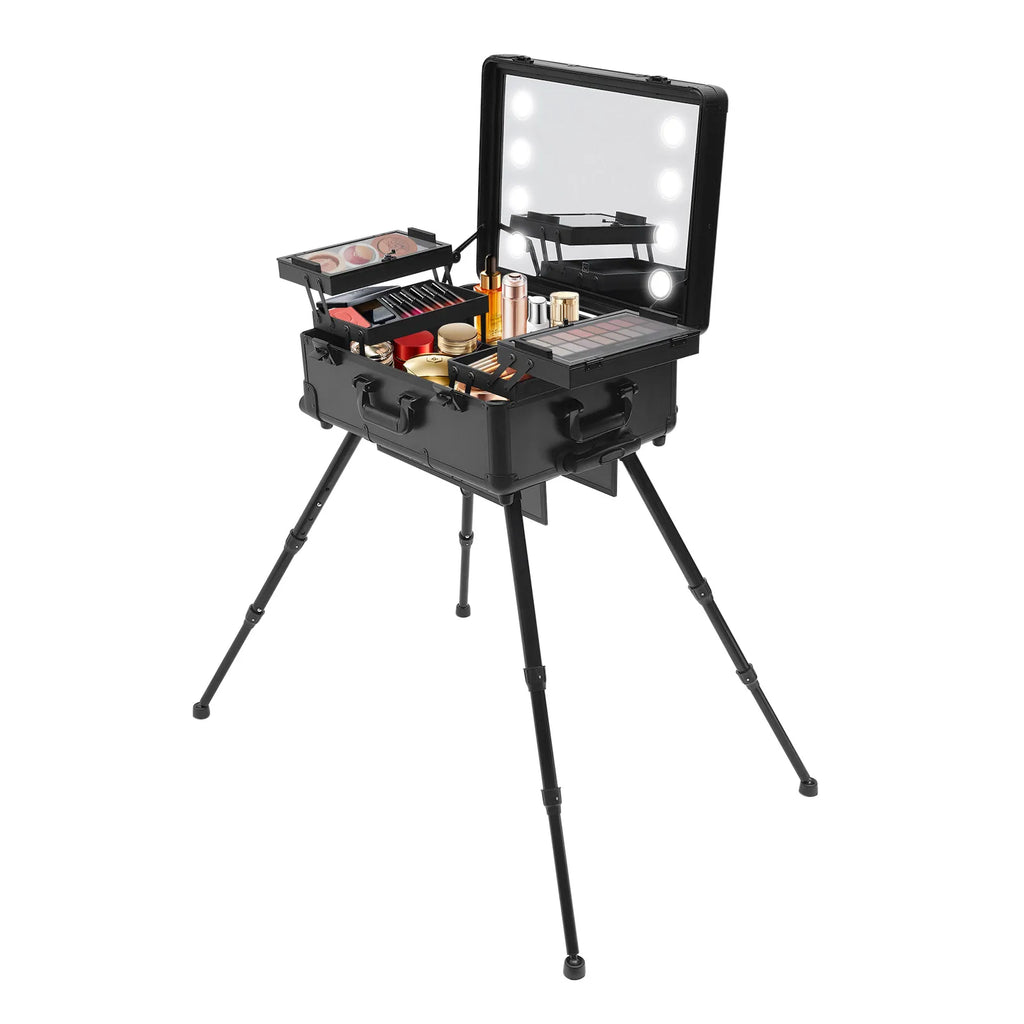 12V Make-up Table with 4 Castors & Lighting & Mirror & Lock, Professional Make-up Station, Adjustable Legs, Cosmetic Organizer B