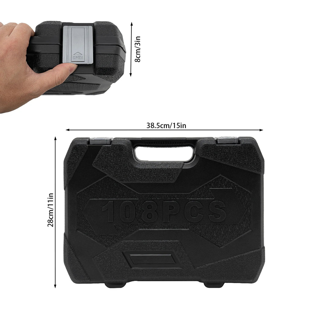 108 Piece Ratchet Wrench Mechanics Tools Set Metric 1/4 And 1/2 Drive Socket Carbon And #45 Steel, PP Kit