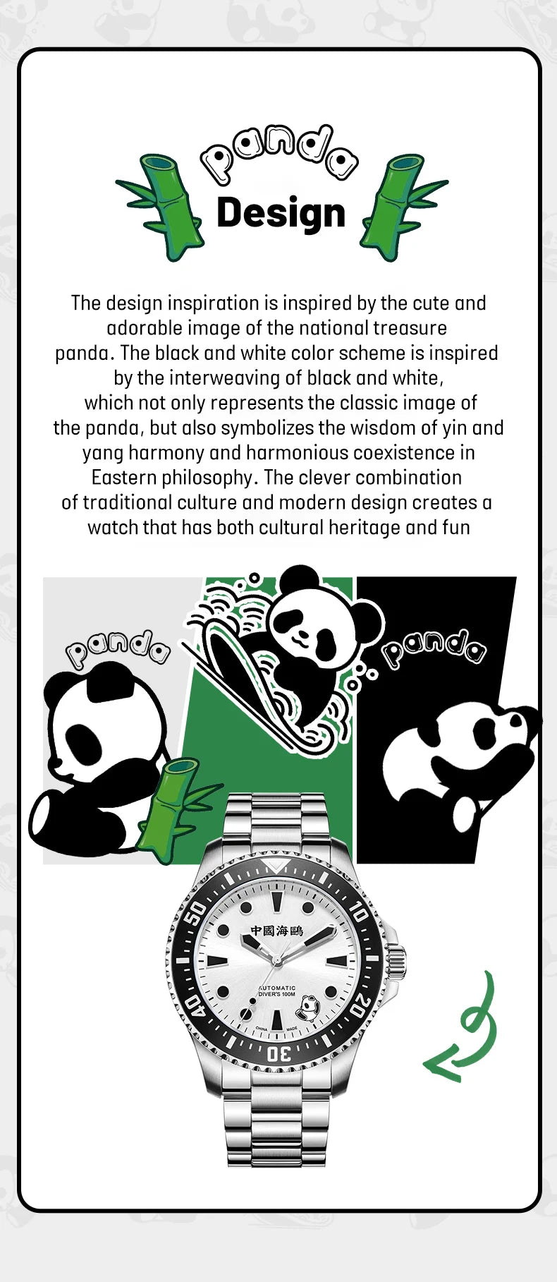 2025 Seagull Men's Watch Rolling Panda Design 100M Diving Watches Automatic Mechanical Wristwatch Sapphire Crystal Luminous Ocea