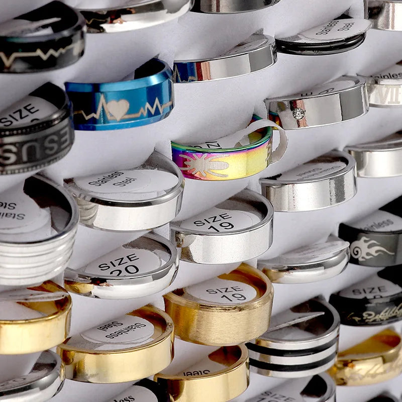 Wholesale 100 Pcs/box Fashion Stainless Steel Love Stripe Rings Punk Trendy Jewelry For Women Men Mix Style Size Party Gift