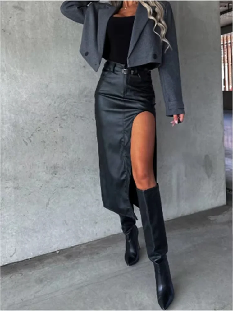 Gothic Mid Pu Leather Black Dress Solid Color Slit Sexy Hip Hugging Skirt High Streetwear Fashion Punk Style Vintage Clothes