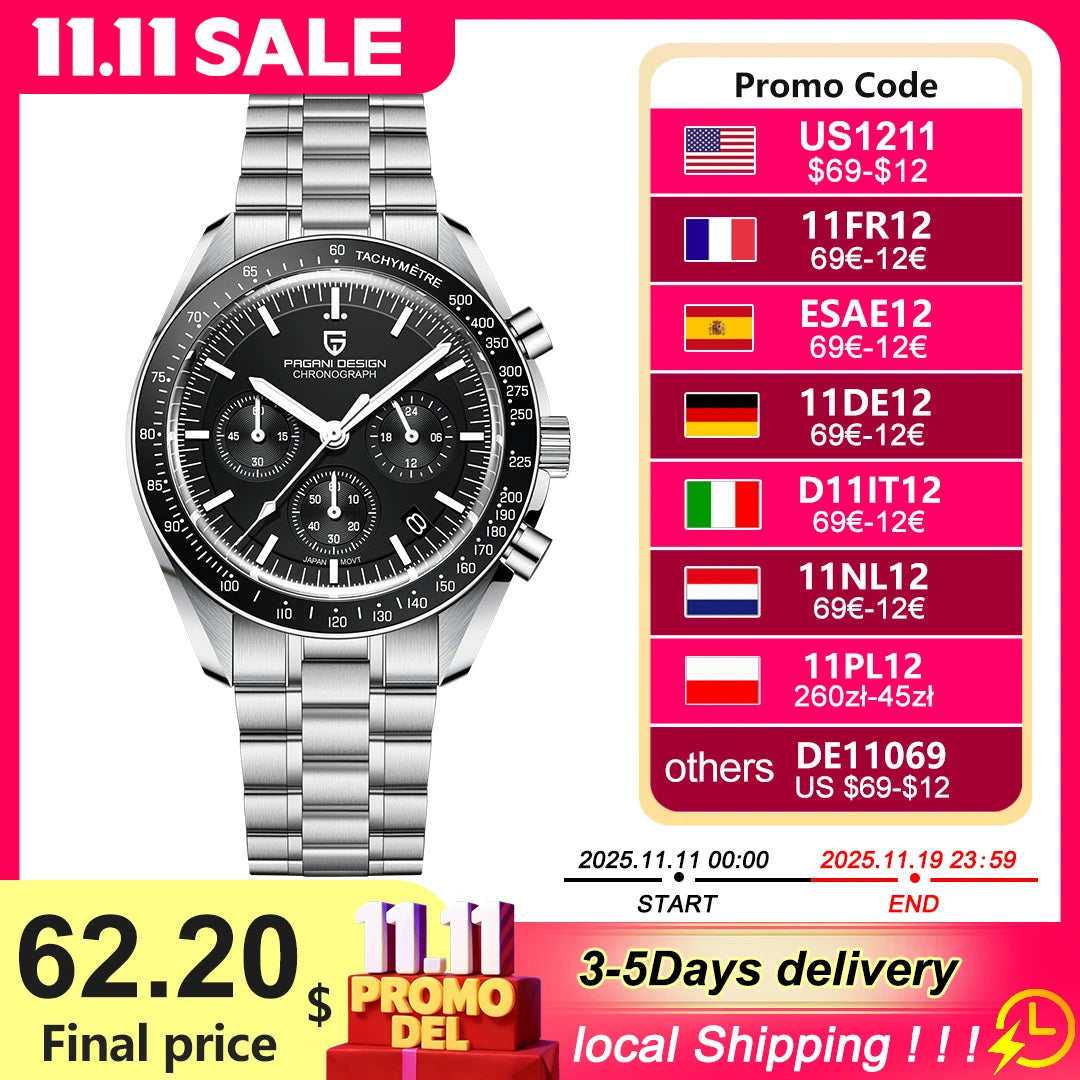 PAGANI DESIGN New Retro Watch Luxury Moon Quartz Watches For Men Stainless steel Luminous waterproof Sport Chronograph Man 2025