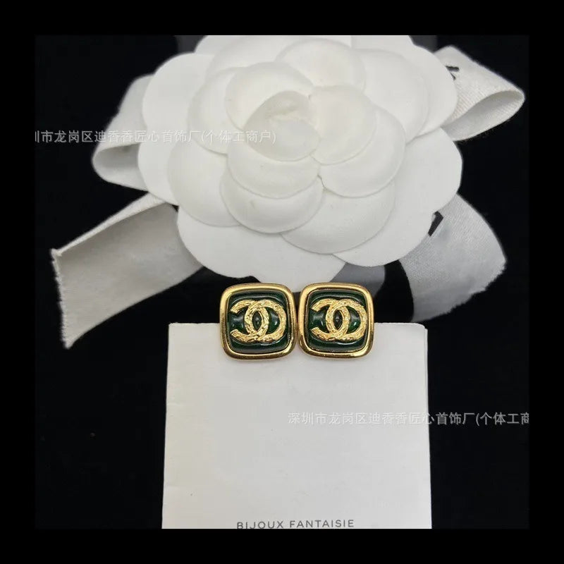 Double Sugar Stud Earrings Women's Fashion Black Square Pair with Label Tide