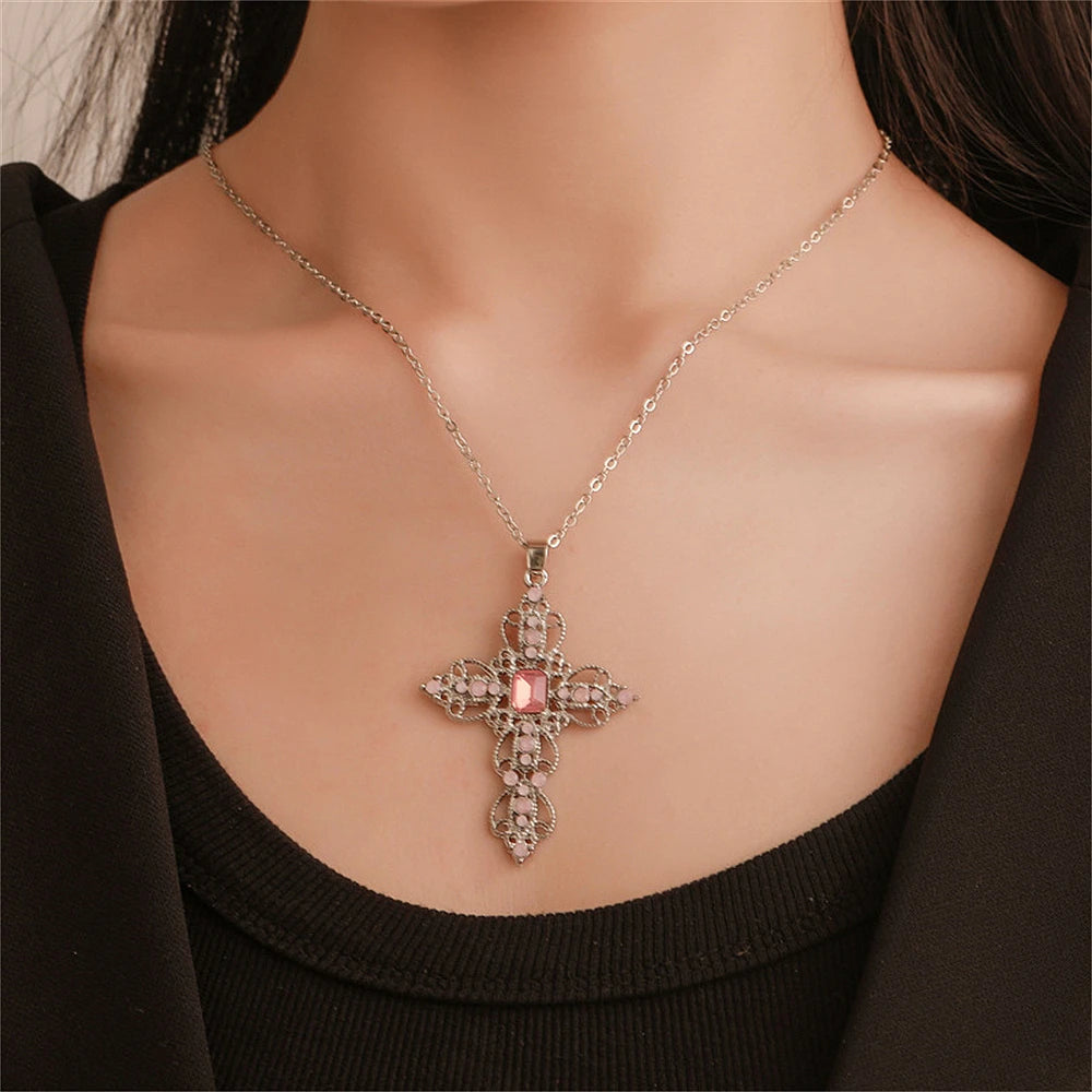 Gothic Big Zircon Cross Necklace Unisex Y2K Irregular Goth Large Cross Pendant Necklaces  for Men Women Couple Necklace Jewelry