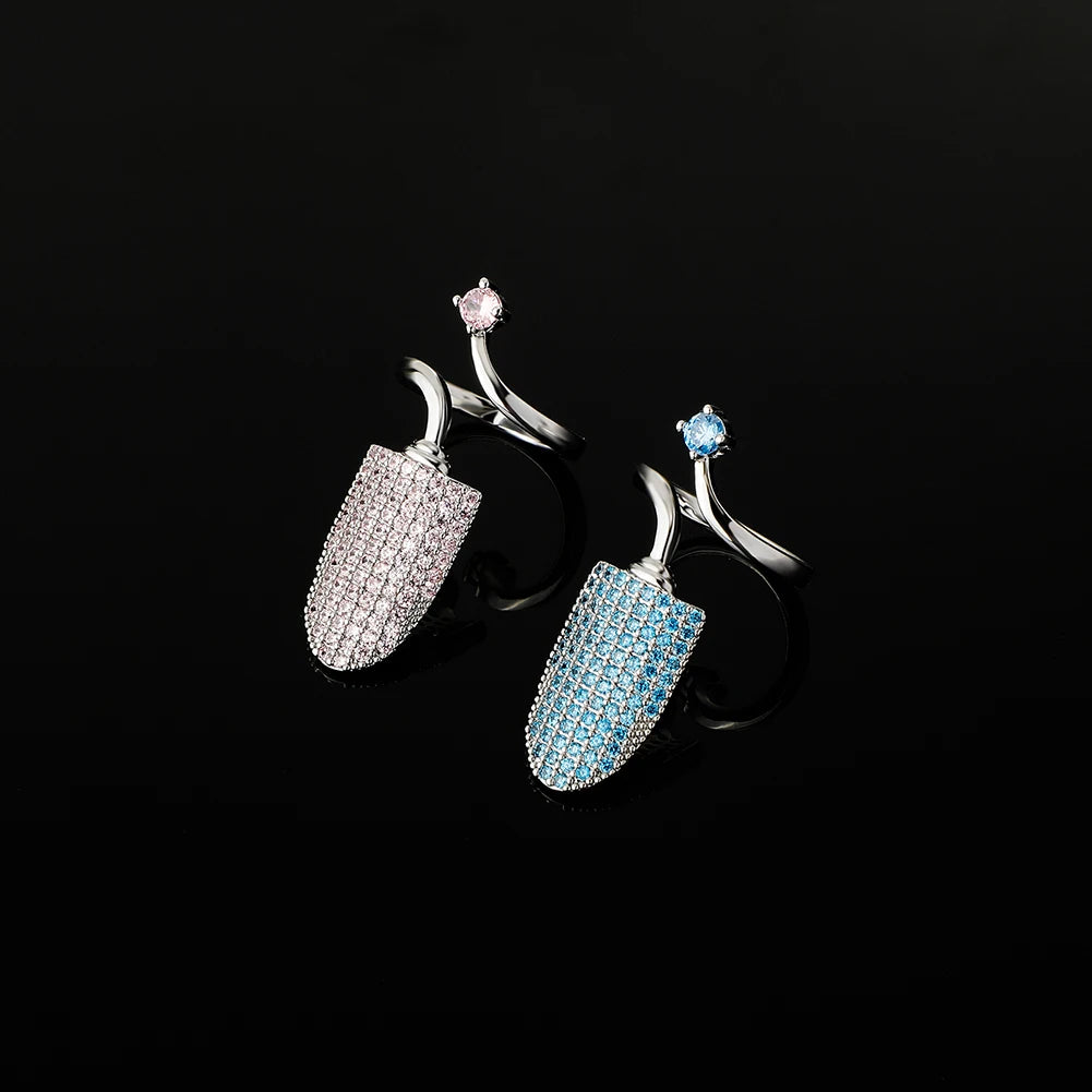 TOPGRILLZ New Nail Ring with White/Blue/Pink zircon Ring Full Iced Out Micro Pave Adjustable Ring Hip Hop Jewelry Gift For Women