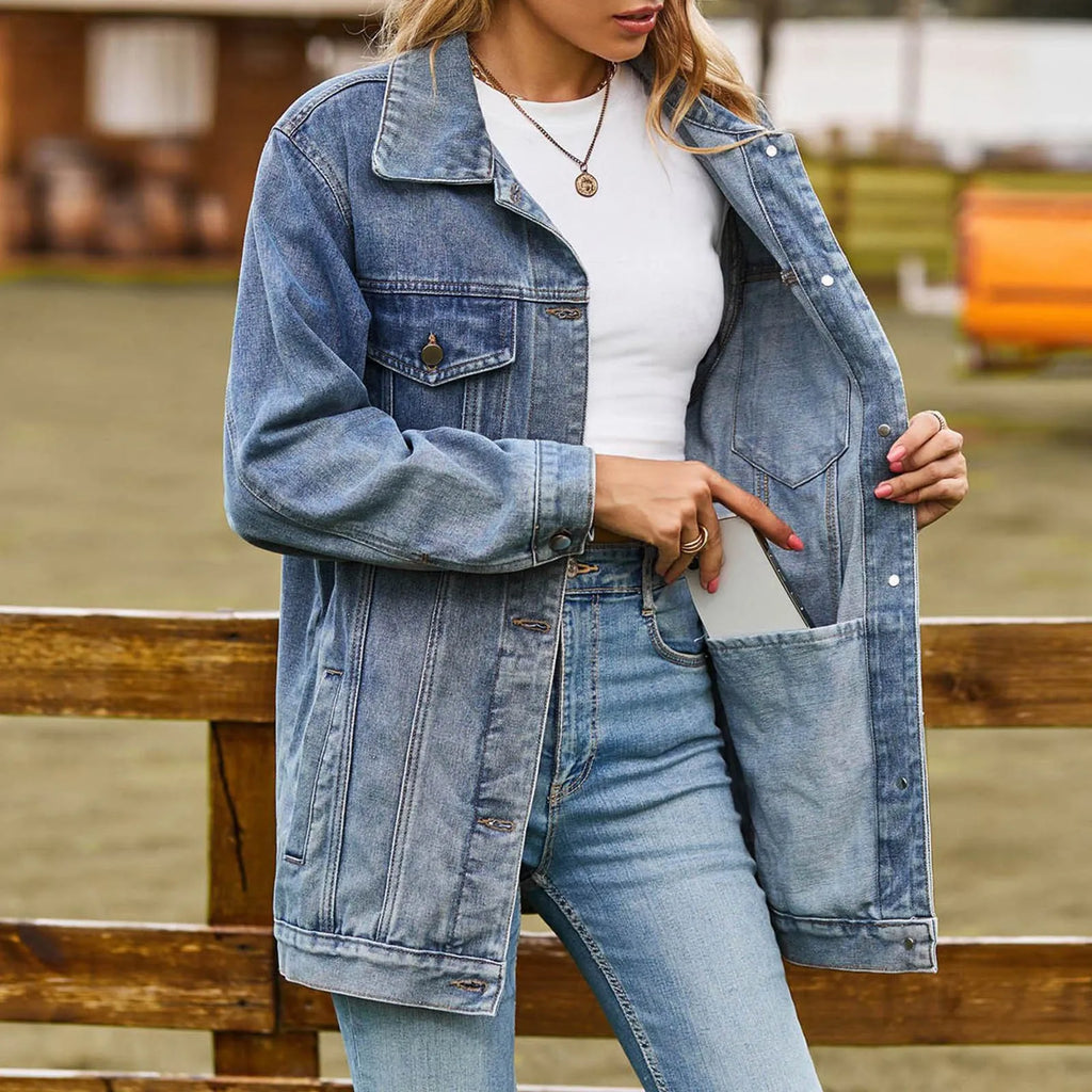Women Oversized Denim Jackets Vintage Distressed Button Down Lapel Jean Coats With Pockets Autumn Women Shacket Fashion Outwear