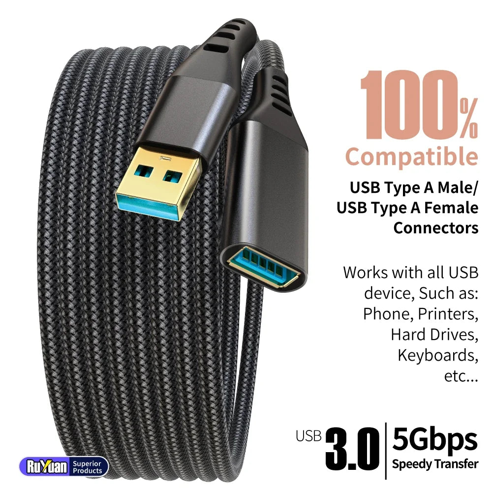 USB3.0 Extensions Cable Type A Male to Female Sturdy Braided Material Fast Data Transfer Compatible with USB Keyboard,Mouse