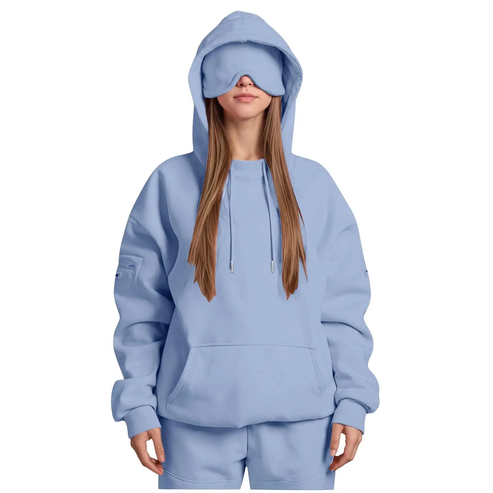 Unisex Hooded Sweatshirt With Built-In Eye Mask Casual Long Sleeved Solid Color Sports Pullover Loose Fit Sweatshirt 2025