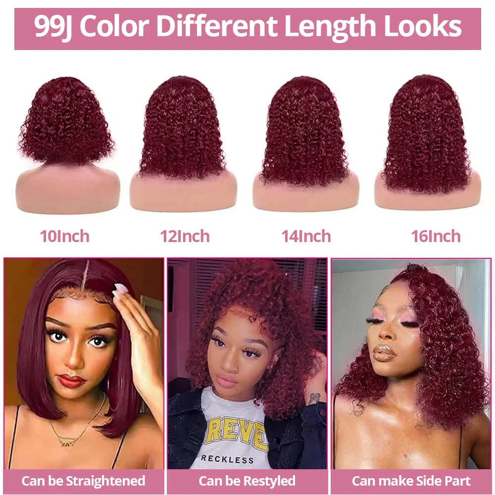 99J Burgundy Curly Bob Wig 13x6 HD Lace Frontal Deep Wave Wigs For Women Transparent Red Colored 13x4 Human Hair Wigs Preplucked