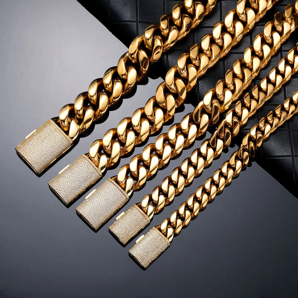 8-22mm Hip Hop Bling Iced Out 18k Gold-plated Stainless Steel Dense Cuban Miami Link Chain Necklaces for Unisex  Rapper Jewelry