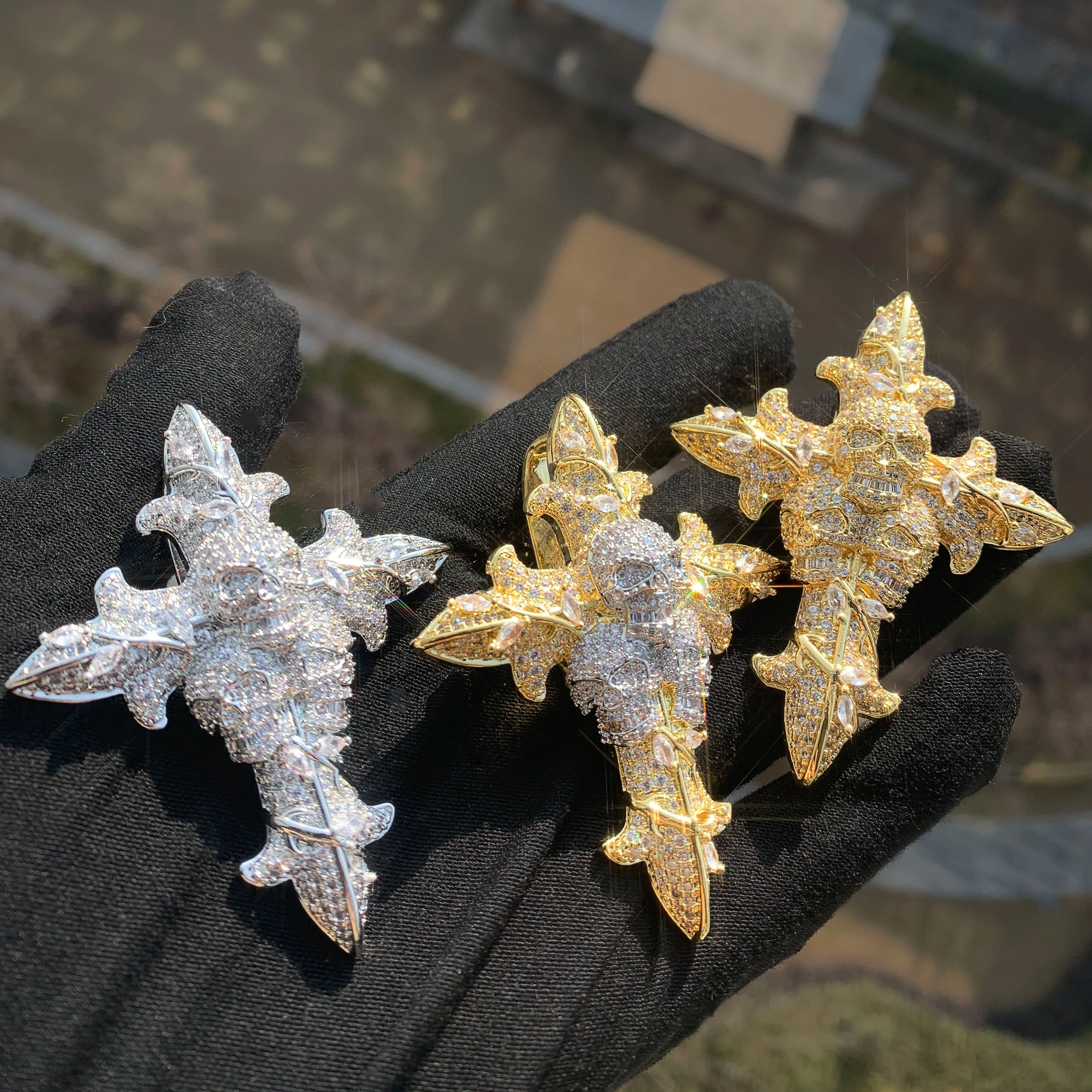 CUC Skull Cross Hip Hop Pendant Men Women Necklace Gold Silver Color Chain Cubic Zirconia Rock Rapper Jewelry