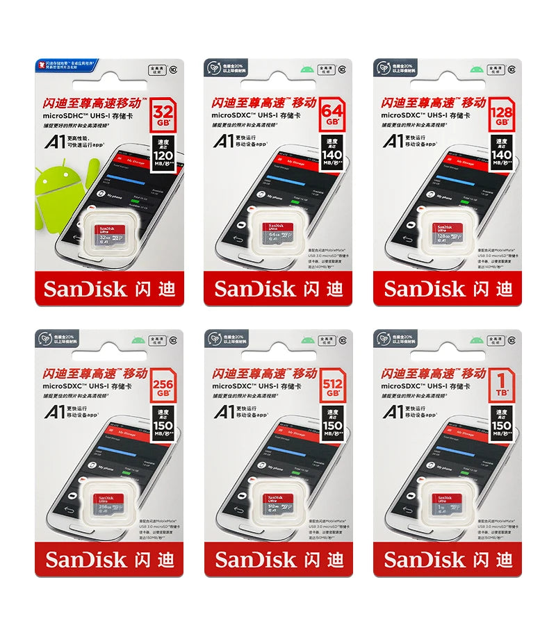 100% Original SanDisk Micro SD Card A1 A2 Memory Card 32GB 64GB 128GB 256GB 512GB 1TB microSD TF Card Storage UHS-I Cards U1 U3